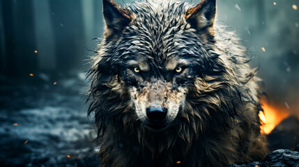 Close up of wolf with blurry background.