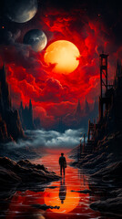 Image of man standing in front of red sunset.