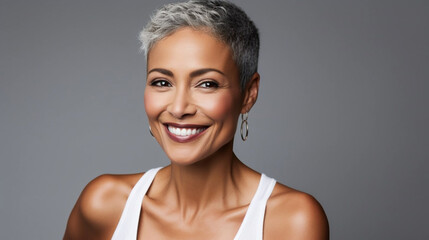 copy space, black middle age man portrait with healthy face skin. Open smiling beautiful aging mature woman with short hair. Beauty and cosmetics skincare advertising concept