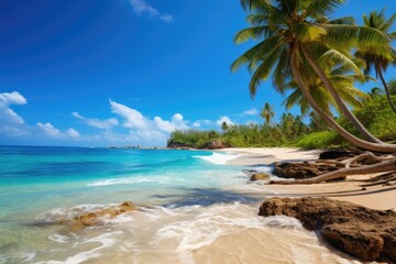 Beautiful beach Anse Intendance at Seychelles - nature background ,Beautiful tropical Barbados island. View of the golden beach with palms and crystal clear water, AI Generated