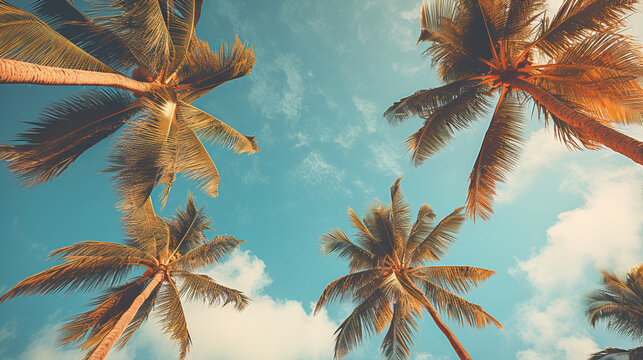 A vintage-style view from below captures blue skies and palm trees, creating a tropical beach and summer background that embodies the essence of travel