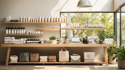 Sustainable Products in Bright Eco Store, eco-friendly store interior is lined with sustainable products on wooden shelves, emphasizing modern minimalism and environmental consciousness - obrazy, fototapety, plakaty