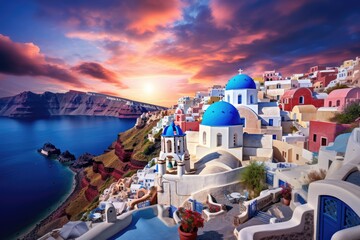 Oia village on Santorini island, Greece at sunset, Beautiful view of Churches in Oia village, Santorini island in Greece at sunset, with dramatic sky, AI Generated - obrazy, fototapety, plakaty