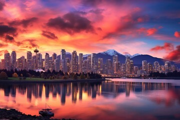 Obraz premium Vancouver Skyline at sunset, Vancouver, America, Beautiful view of downtown Vancouver skyline, British Columbia, Canada, AI Generated