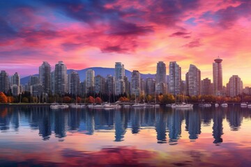 Fototapeta premium Autumn landscape of lake and city with colorful sky at sunset, Beautiful view of downtown Vancouver skyline, British Columbia, Canada, AI Generated