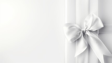 A photo realistic image of a white ribbon tied in a bow on a white background. The ribbon is made of a shiny, silky material and has a classic style.