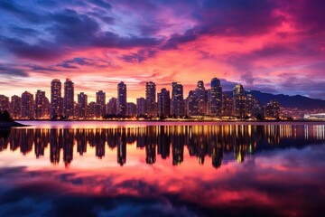 Naklejka premium Beautiful sunset in the city with reflection in the lake, Taipei, Taiwan, Beautiful view of downtown Vancouver skyline, British Columbia, Canada, AI Generated
