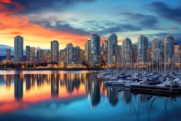 Obraz premium Seoul South Korea city skyline with reflection in the water at sunset, Beautiful view of downtown Vancouver skyline, British Columbia, Canada, AI Generated