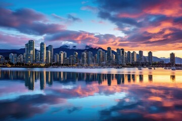 Fototapeta na wymiar False Creek marina, Vancouver, America, Beautiful view of downtown Vancouver skyline, British Columbia, Canada, AI Generated