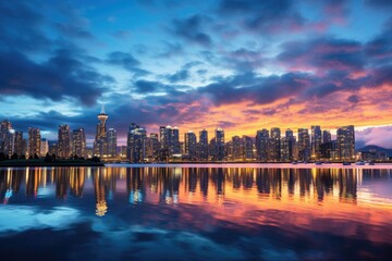 Obraz premium Cityscape of Hong Kong at sunset with reflection in the water, Beautiful view of downtown Vancouver skyline, British Columbia, Canada, AI Generated
