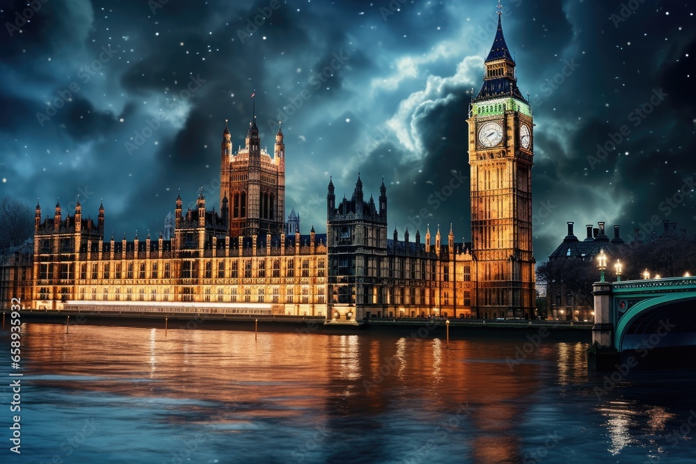 Poster Big Ben and Houses of Parliament at night, London, UK, Big Ben and the Houses of Parliament at night in London, UK, AI Generated