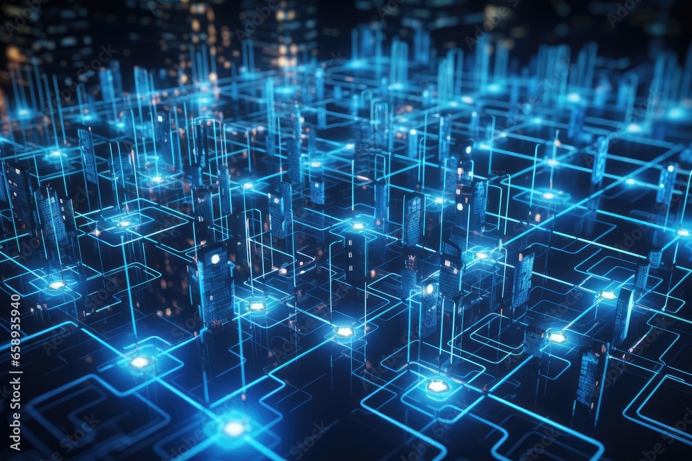 Poster Circuit board with glowing dots and lines. Technology concept. 3D Rendering, Big data flow in cyber blockchain fields with blue network system, AI Generated