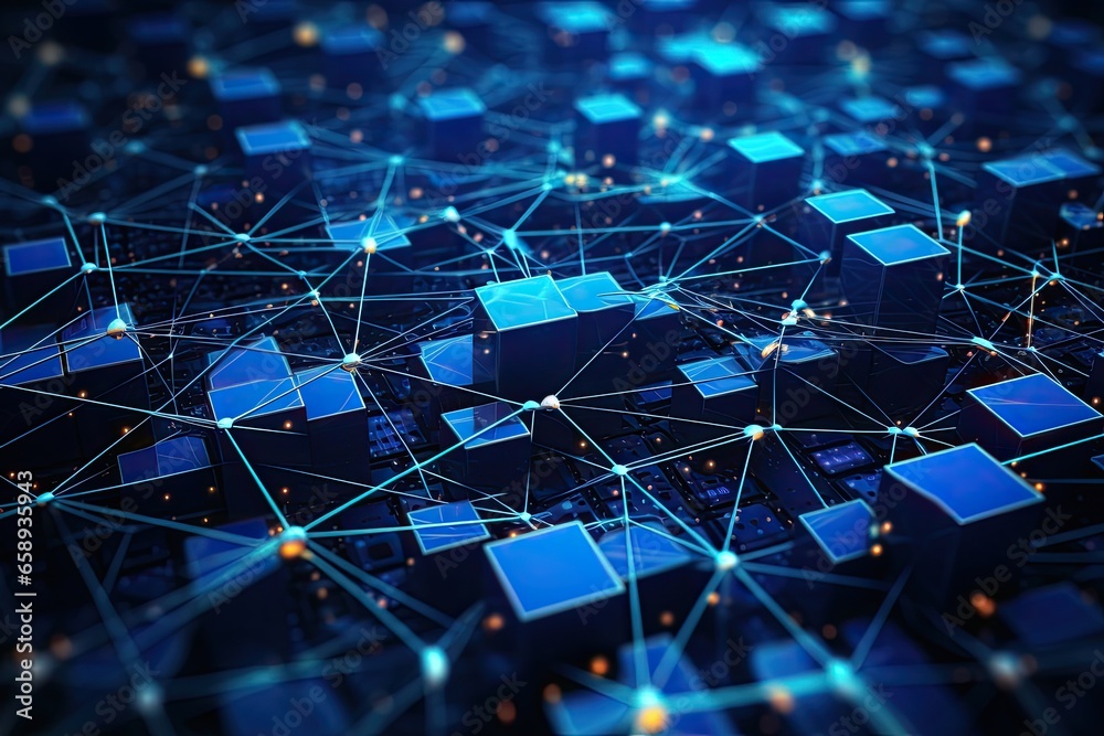 Poster Abstract blue background with connection and network concept. 3D Rendering, Big data flow in cyber blockchain fields with blue network system, AI Generated