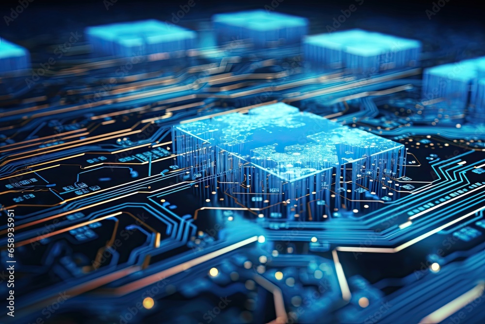 Poster circuit board background. 3d rendering, 3d illustration, big data flow with cyber blockchain on a ci