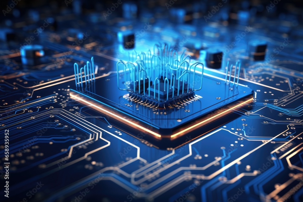 Poster circuit board. electronic computer hardware technology. motherboard digital chip. 3d rendering, big 