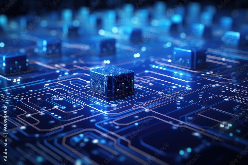 Poster Circuit board with microchips and connections. 3d rendering, Big data flow with cyber blockchain on a circuit board with blue network system, AI Generated