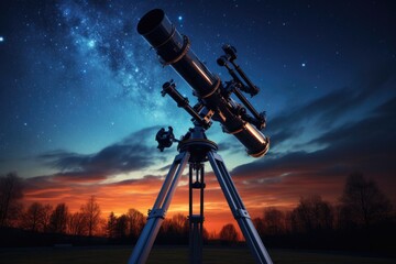Telescope in front of starry sky. 3d render, Big astronomical telescope under a twilight sky ready for stargazing, AI Generated