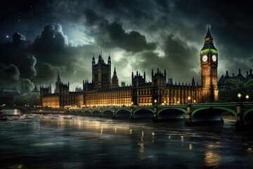 Fototapeta na wymiar Big Ben and Houses of Parliament at night, London, UK, Big Ben and the Houses of Parliament at night in London, UK, AI Generated