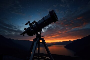 Telescope on the background of the night sky with stars and lake, Big astronomical telescope under a twilight sky ready for stargazing, AI Generated
