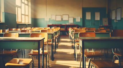A vintage high school classroom with wooden desks and chairs, symbolizing the back-to-school concept in secondary education - obrazy, fototapety, plakaty