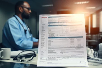 Fotobehang Close up of a medical report on a table with a doctor in the background, billing statement for medical service in doctor's office background, AI Generated © Iftikhar alam