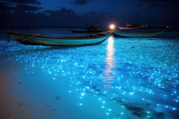 Fishing boats on the beach at night, Zanzibar, Bio luminescence. Night beach scene in Maldives with bio luminescent plankton illuminating the waterline, AI Generated