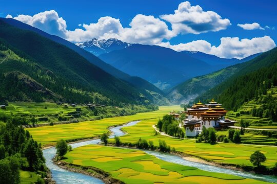 Terraced rice field landscape in Sichuan, China, Bhutan, Tashichho Dzong in Thimphu. Surrounded by yellow rice fields, River and mountains, AI Generated