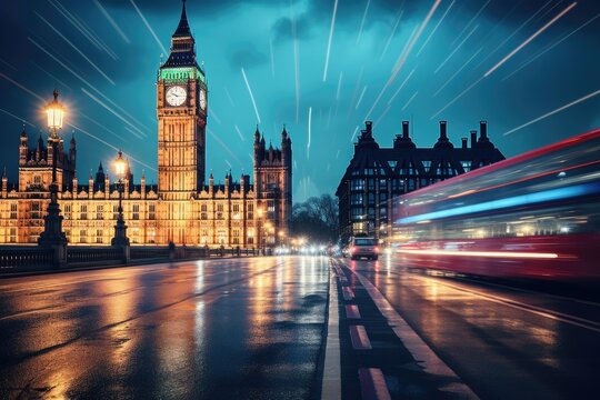 Fototapeta Big Ben at night, London, UK. Long exposure shot, Big Ben and the Houses of Parliament at night in London, UK, AI Generated