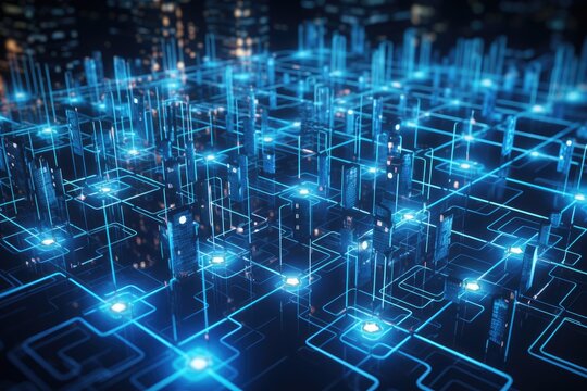 Circuit board with glowing dots and lines. Technology concept. 3D Rendering, Big data flow in cyber blockchain fields with blue network system, AI Generated