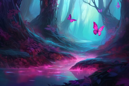 Magical purple forest butterfly. Leaf light path. Generate Ai