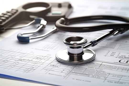 Stethoscope on the medical report. Healthcare and medical concept, billing statement for medical service in doctor's office background, AI Generated