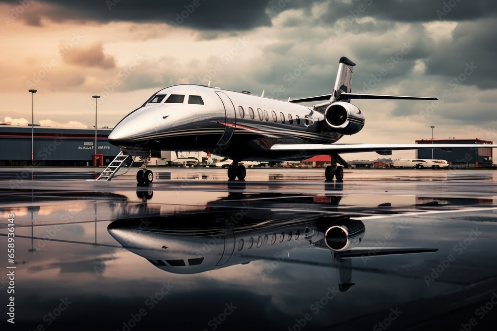 Poster Private jet on the runway in the airport. 3d rendering. Business jet in airport, AI Generated