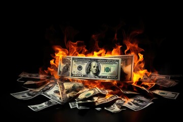 Dollars burning in flames on black background. Concept of financial crisis. Burning dollar banknote on Black background. Financial crisis concept, AI Generated - obrazy, fototapety, plakaty