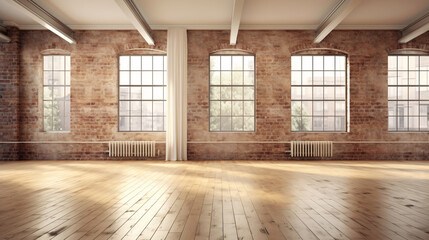 A Blank Canvas of Urbanity  Empty Room With Vast Window, Wooden Floor, and Brick Wall in a Modern, Loft-Style Interior Brought to Life with 3D Rendering