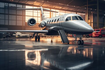 Modern private jet plane in airport terminal. Business travel and transportation concept. Business jet in airport, AI Generated - obrazy, fototapety, plakaty