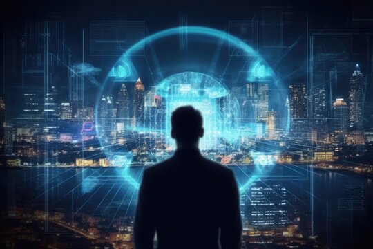 Rear view of businessman against night cityscape with glowing business interface, Business with technology. Concepts of surveillance and security scanning of digital program cyber, AI Generated