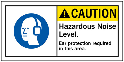 Conveyor warning sign and labels hazardous noise level. Ear protection required in this area