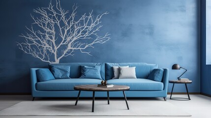 blue sofas against window in classic room. Interior design of modern living room