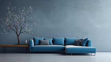 blue sofas against window in classic room. Interior design of modern living room