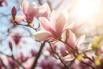 Magnolia blooming flowers sun. Petals purity. Generate Ai