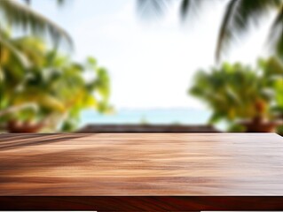 empty wooden table in modern style for product presentation with a blurred tropical beach in the background