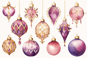 Pretty purple and gold hand painted watercolour style, patterned Christmas baubles isolated on a white background