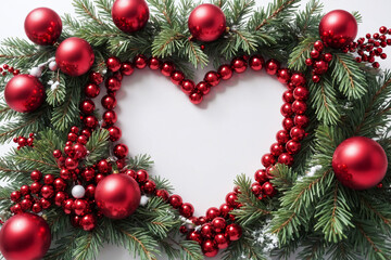 Fototapeta na wymiar Christmas decoration. heart-shaped Garland made of red balls and fir tree branches on white background. 