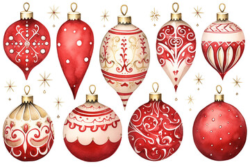 Set of pretty decorated red cream and gold hand painted watercolor style, Christmas ornament baubles isolated on white background