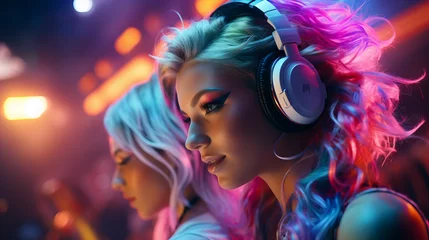  Two DJ girl in Colorful neon light enjoy music, friends. Party disco 80s 90s neon nightclub vibes. Model woman in headphones dancig. Couple in the night party. Fashion. Valentine day, Birthday party © Viktorikus