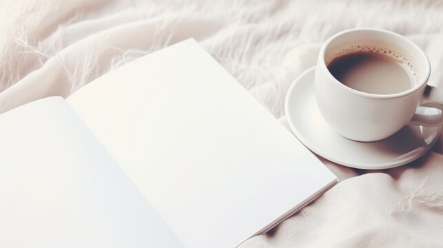 A white coffee cup on a book . The cup is on a saucer and the book is open with blank pages. A cozy and peaceful image for coffee, reading.