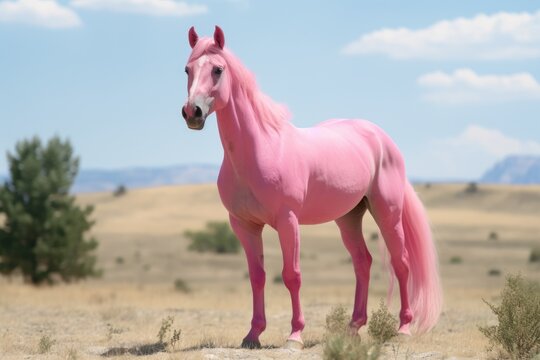 Portrait of the pink horse in the nature. AI generative art