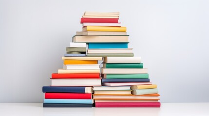 A stack of books with hidden spines on a white background. The books are colorful and of different sizes. The books are in a pyramid shape.
