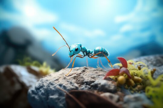 Portrait of the blue ant in the nature. AI generative art