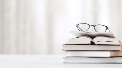 A stack of books with a pair of glasses on a white background. The books are colorful and of different sizes. The glasses are black and look like reading glasses. The background is white and blurred. - obrazy, fototapety, plakaty